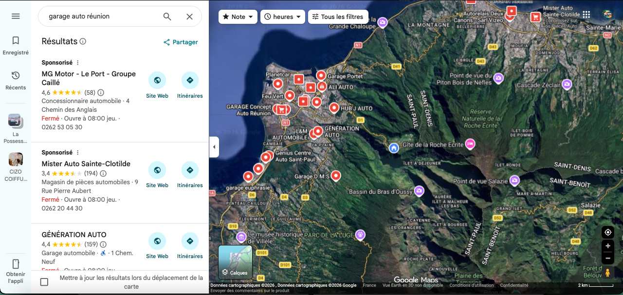 Recherche Google Maps montrant des garages autos à La Réunion sur un écran de smartphone